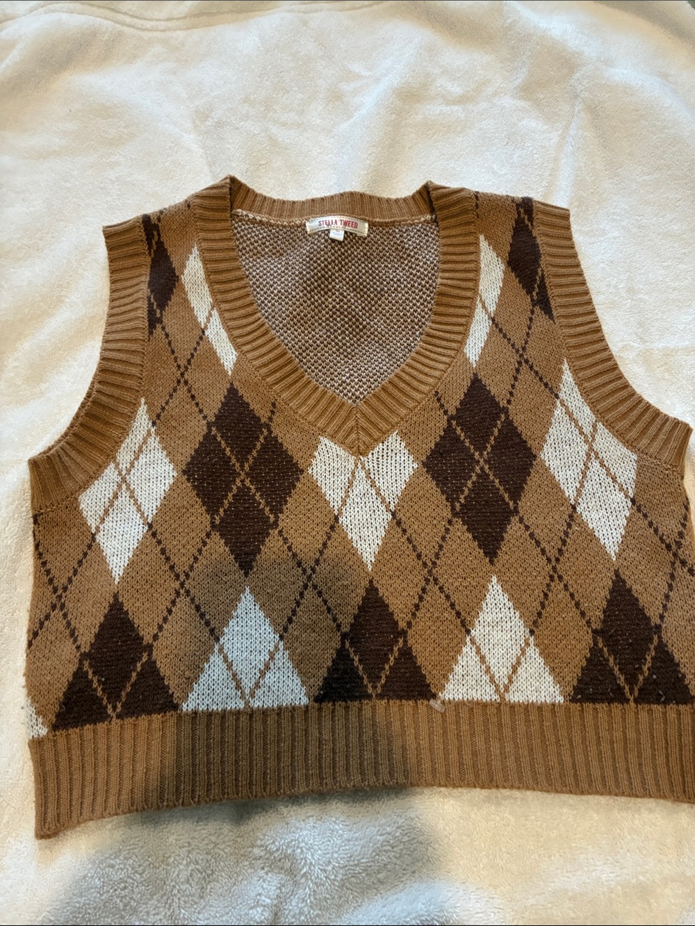 Stella Tweed Brown and Cream Argyle V-Neck Sweater Vest